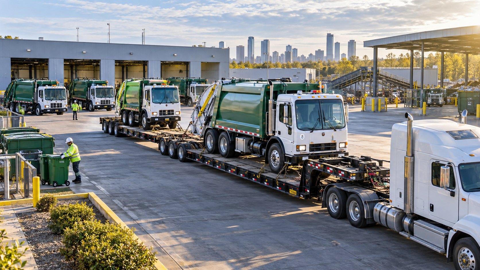 Refuse trucks loaded on a low-loader at a depot, more parked at bays