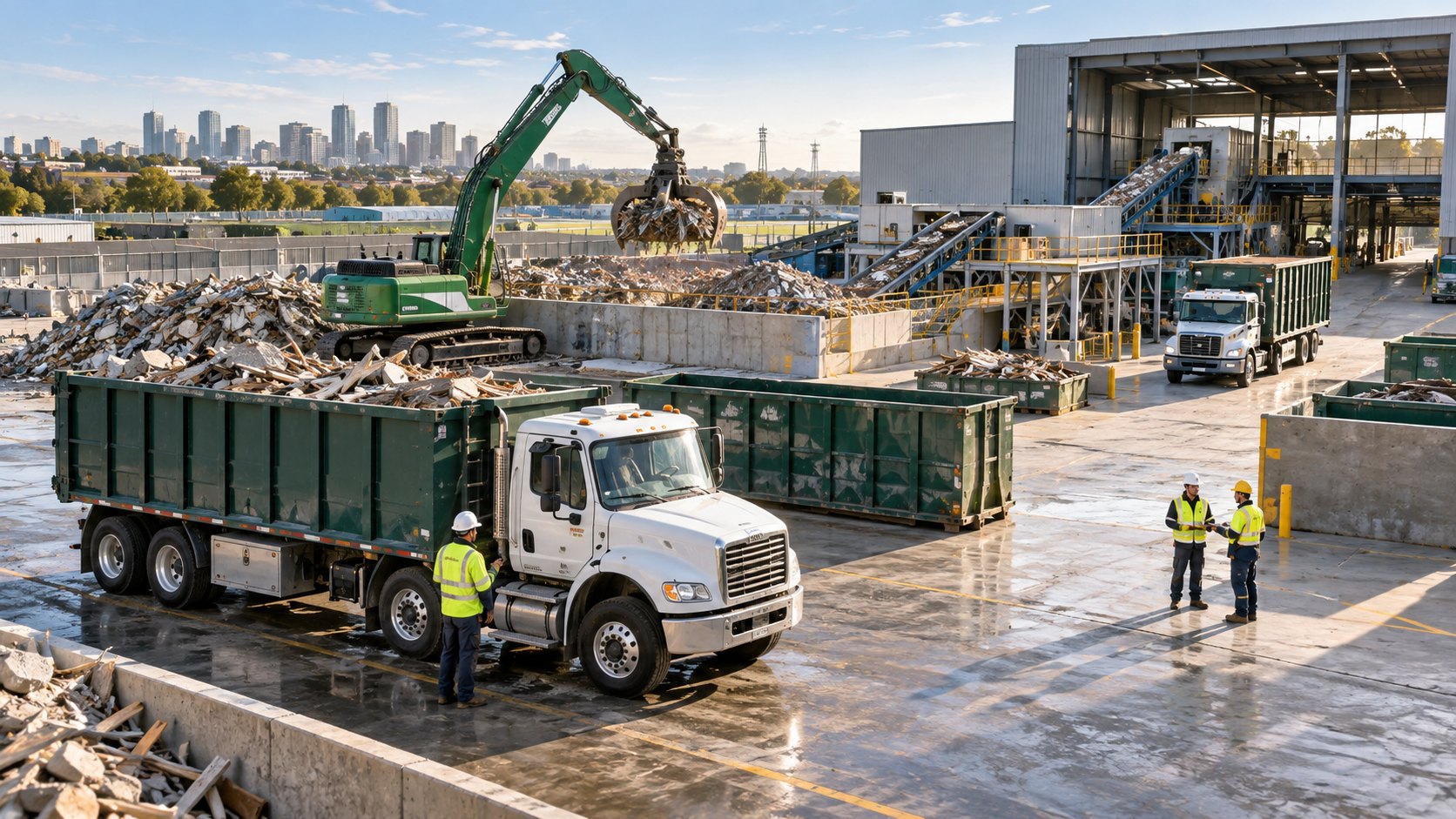 Grab crane loading rubble into an open container on a truck at a yard