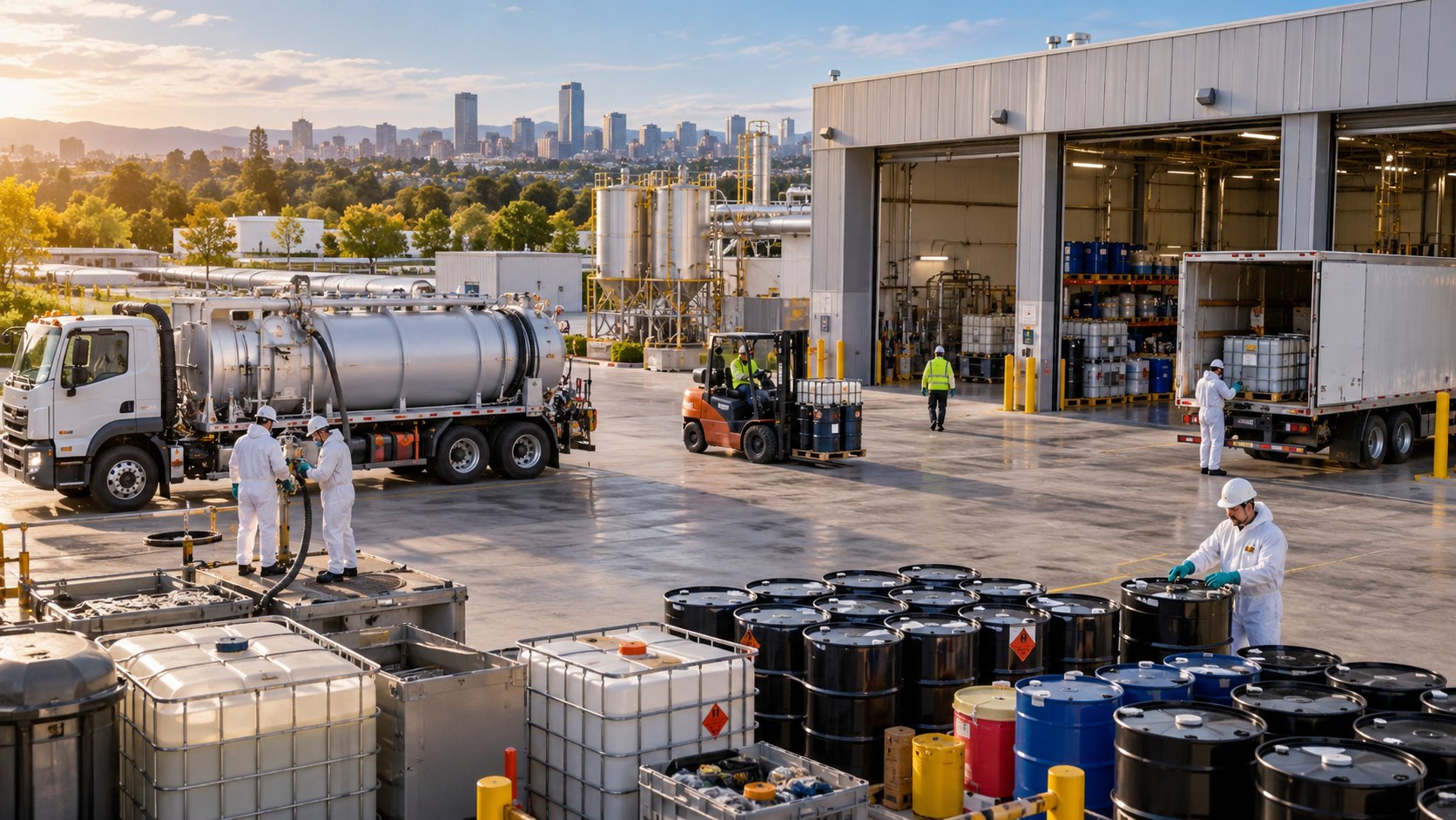 Drums and plastic containers stacked in a yard, tanker and workers in white coveralls