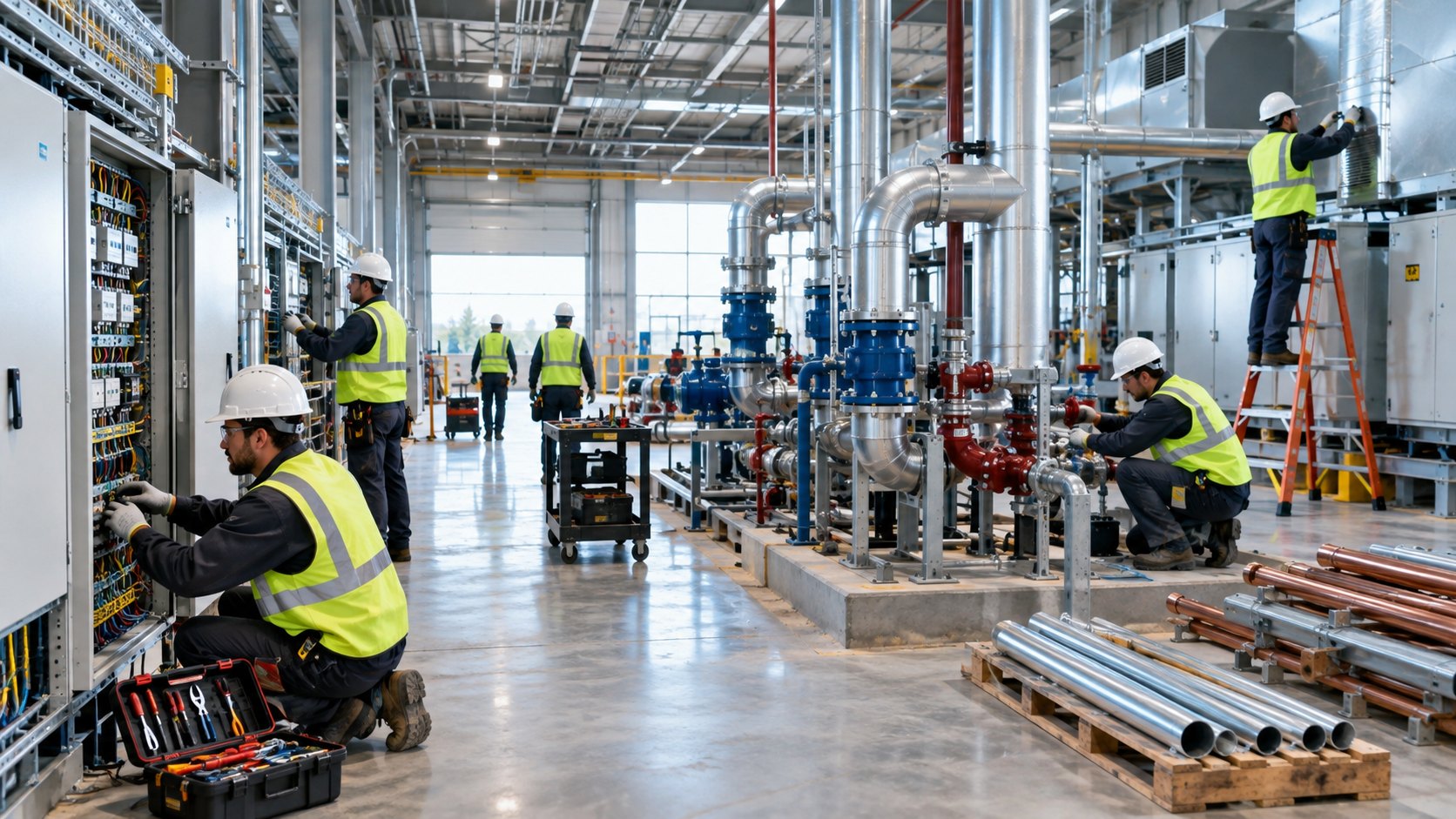 Electricians at open panels and fitters at pumps and pipework in a plant room