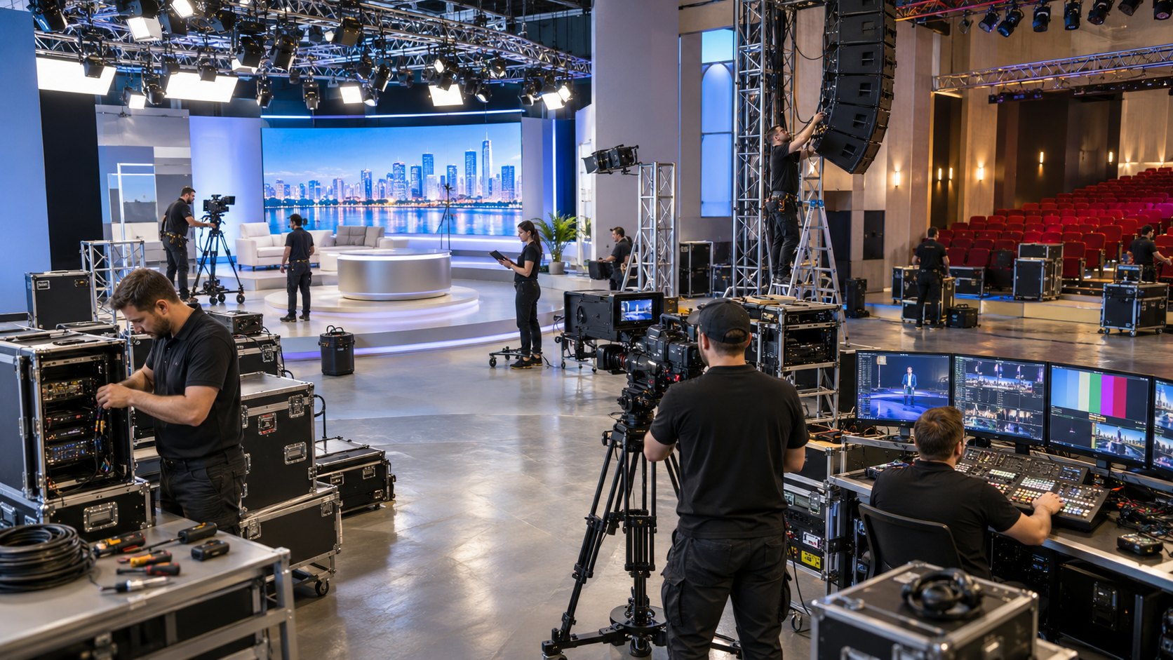 Studio floor with cameras, flight cases and a monitor desk being set up