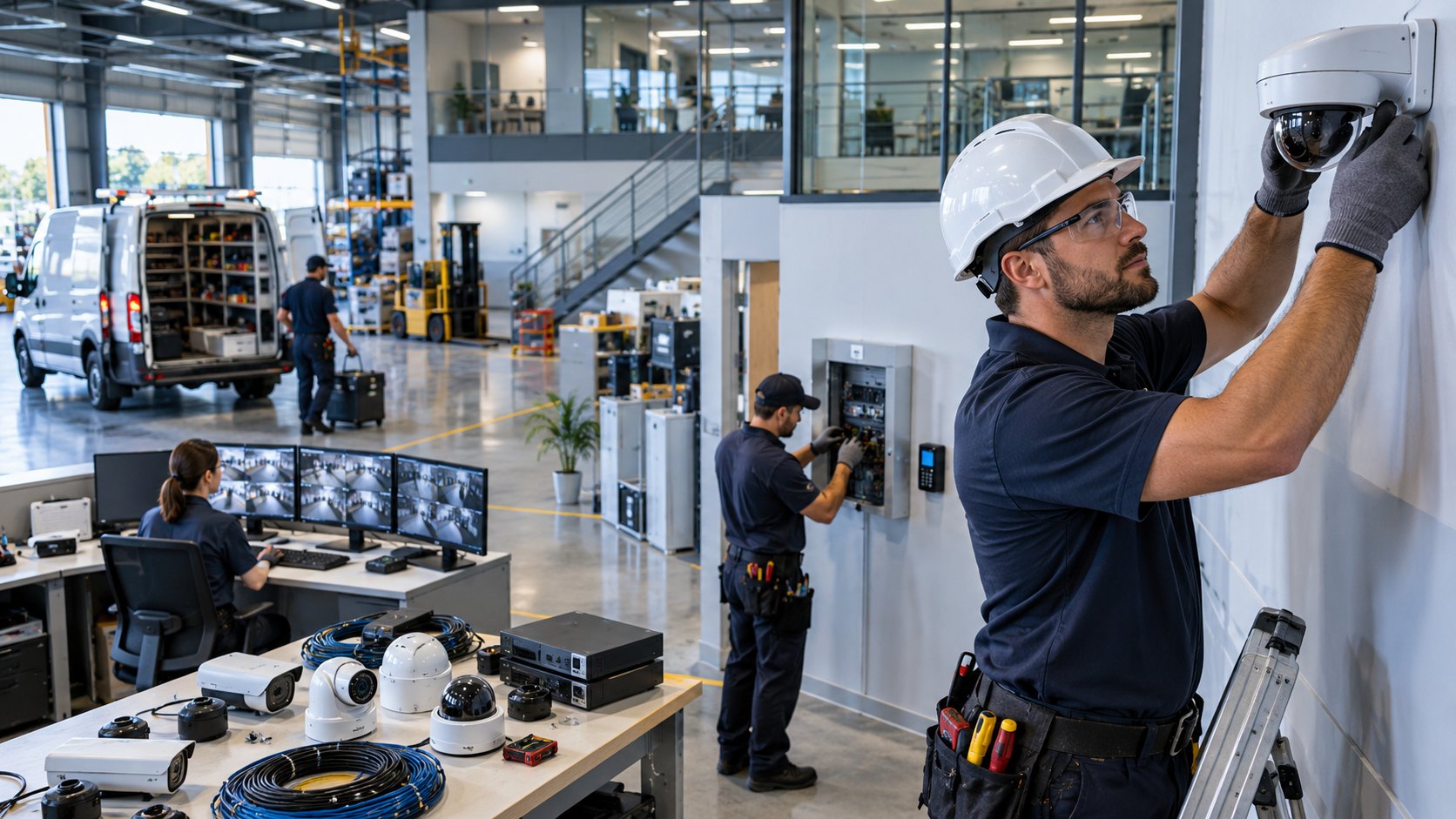Man mounting a dome camera on a wall, monitors showing camera views behind