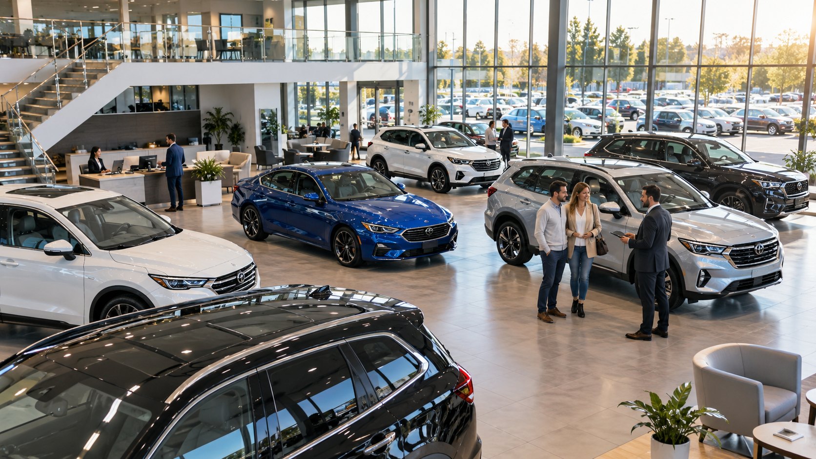 Glazed showroom with rows of parked cars and customers talking between them