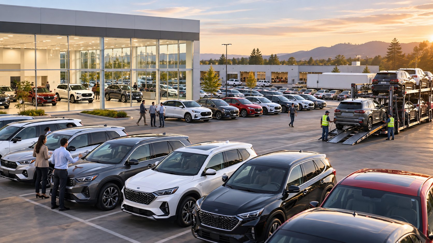 Forecourt of parked cars outside a glazed showroom, a car transporter being unloaded