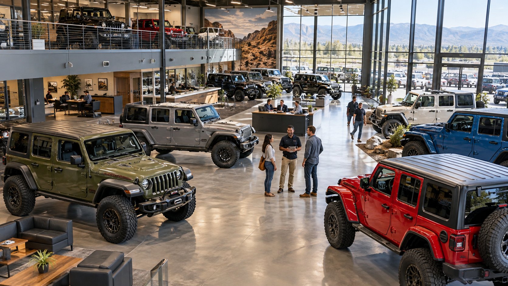 Two-level showroom of off-road vehicles, a red one with a roof rack in front