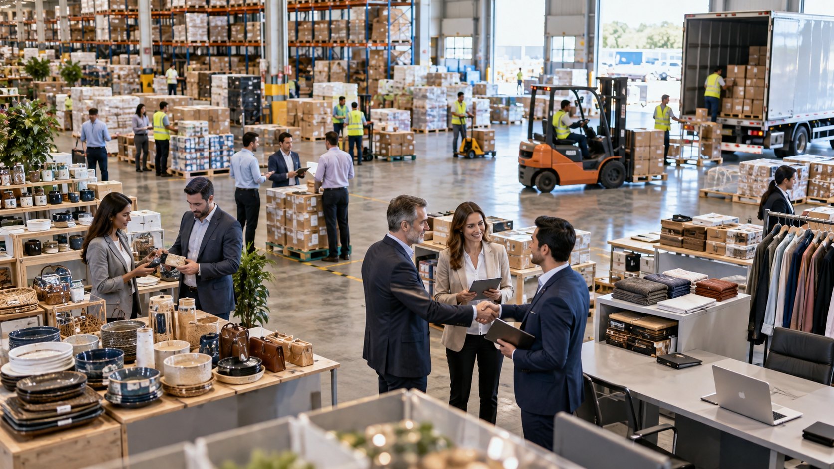 Handshake beside sample tables in a warehouse stacked with pallets and boxed goods