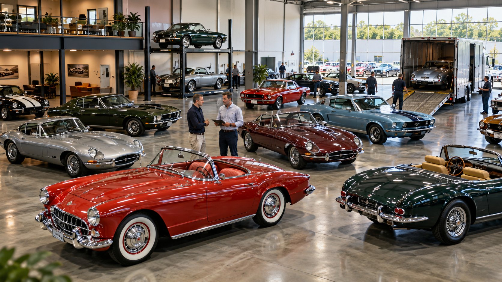 Showroom floor of classic sports cars with two men standing between the rows