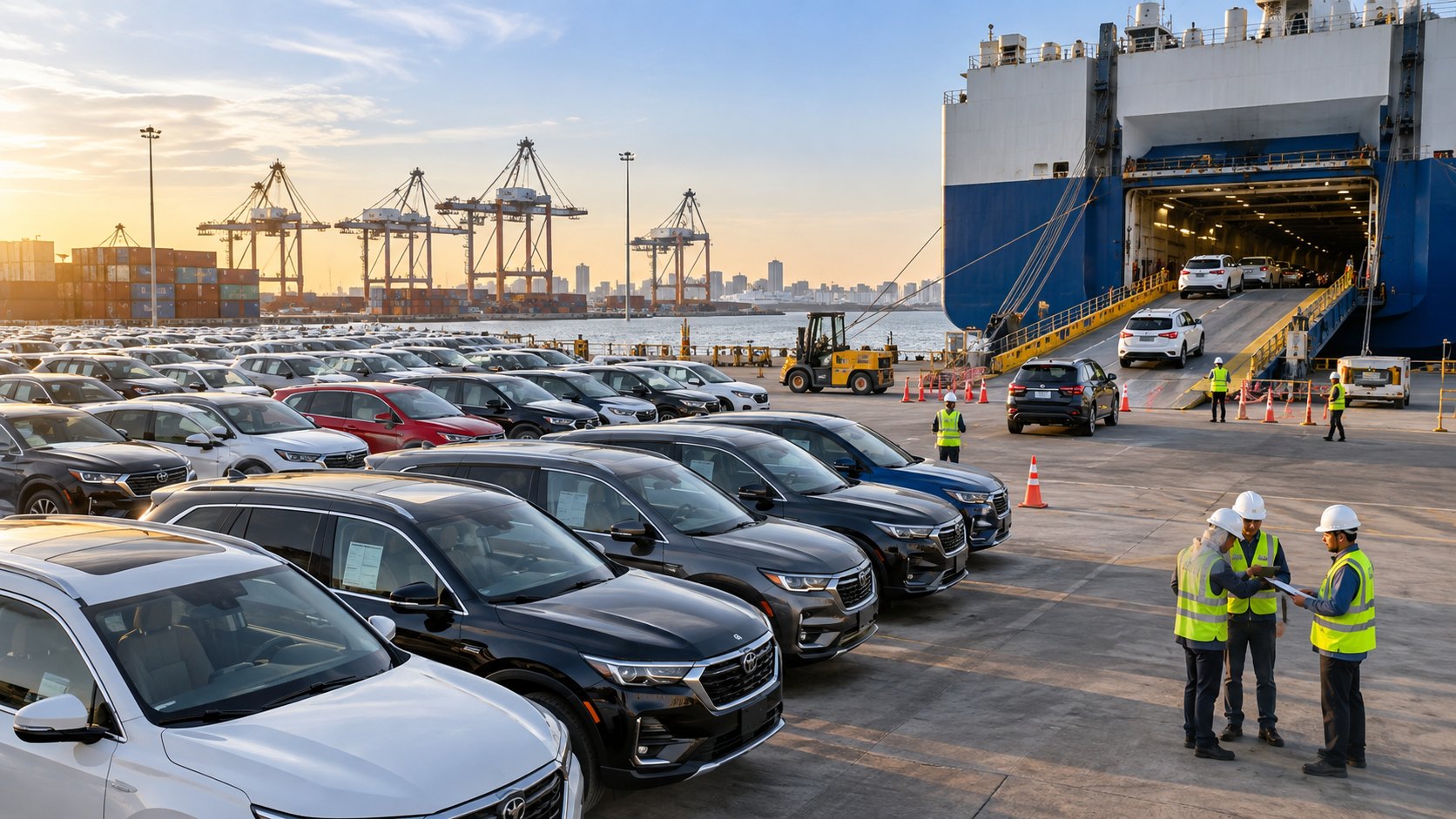 Rows of cars on a dock at sunrise beside a car carrier with its ramp open