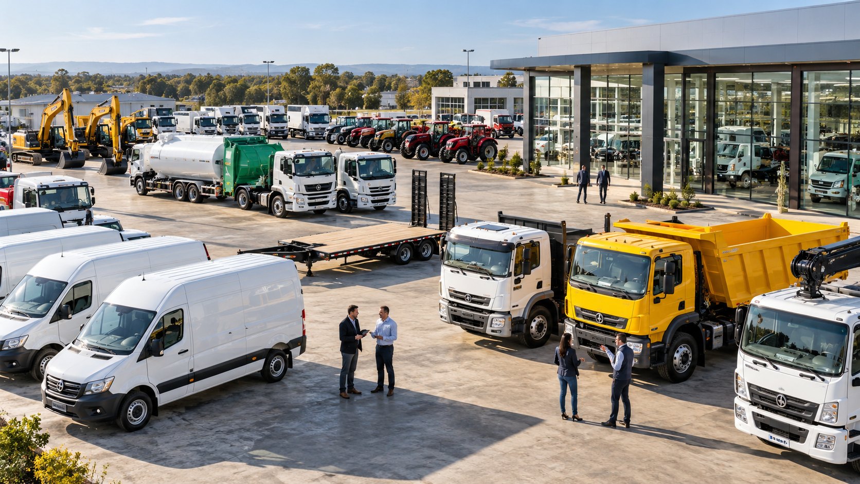 Commercial vehicle yard with tipper trucks, vans and excavators, small groups of people talking