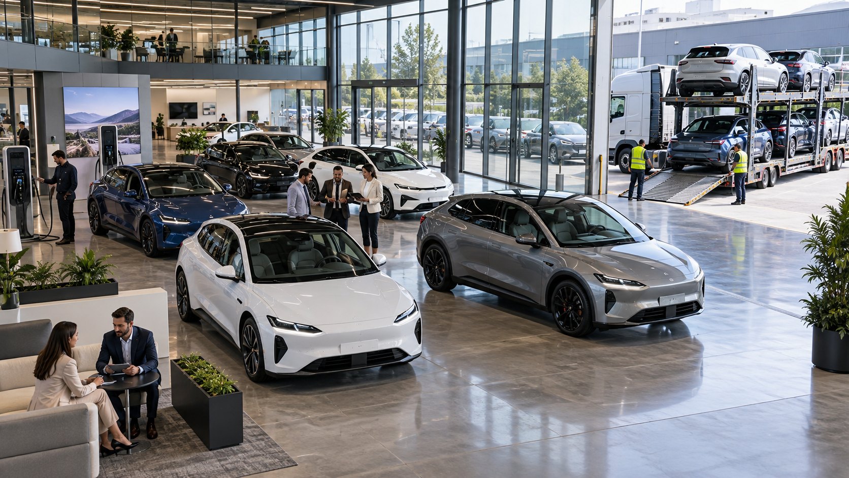 Glass-walled showroom of white and grey electric cars, two people seated on a sofa