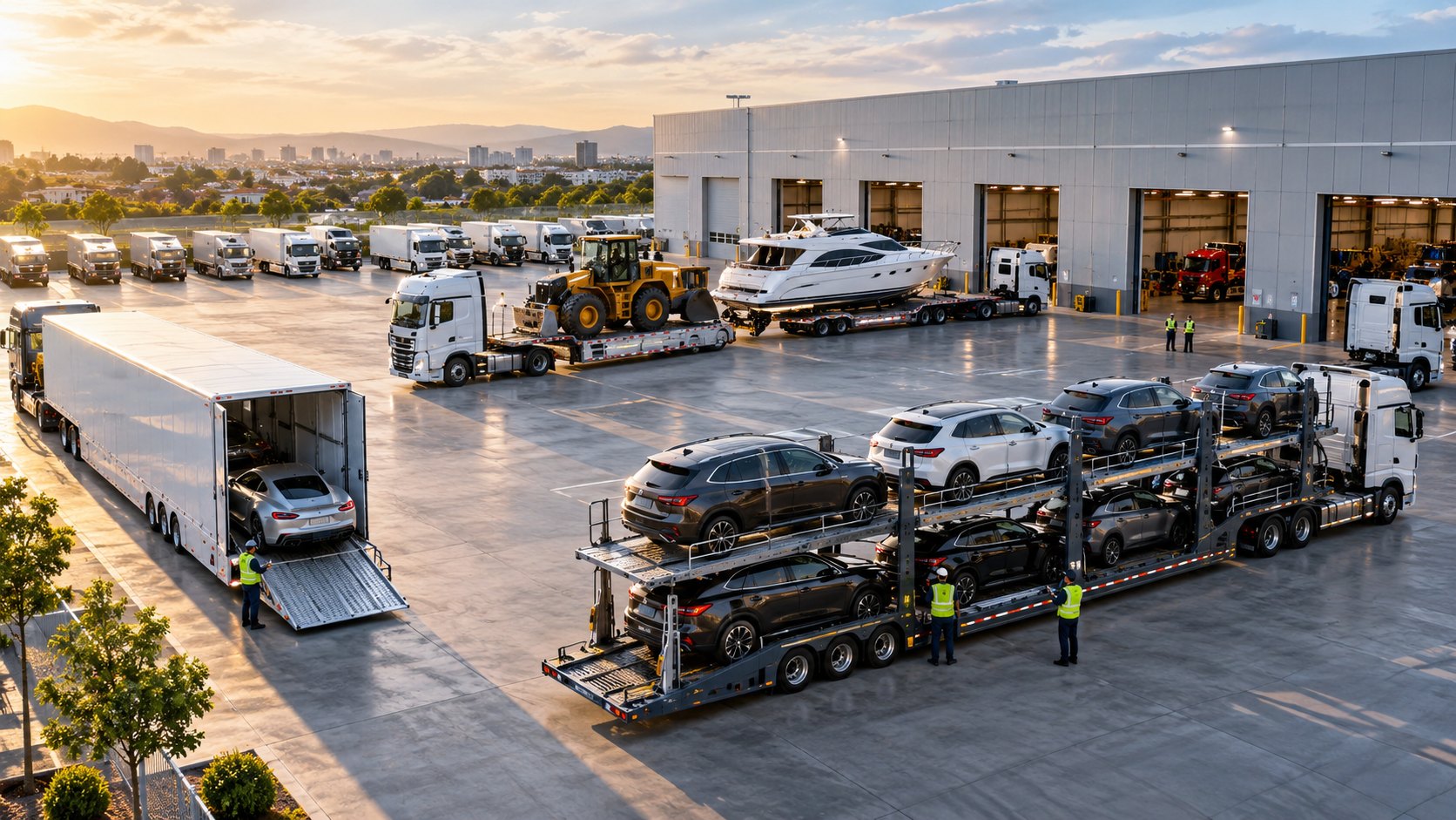 Car transporters loaded with vehicles and a boat, two hi-vis workers standing between them