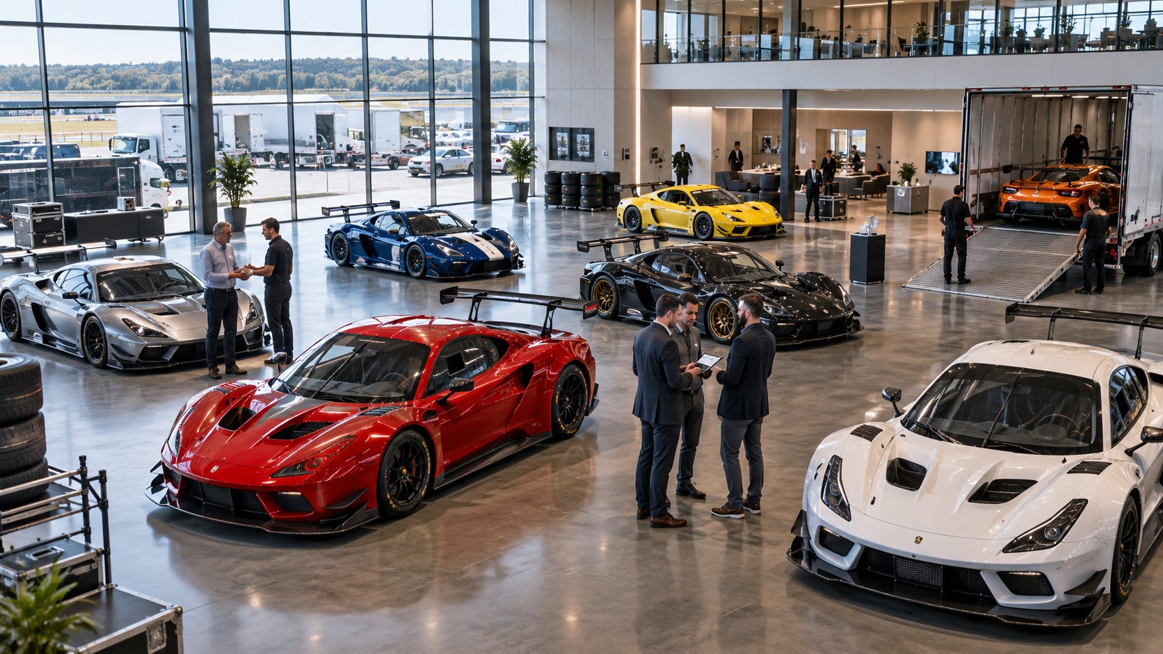 Showroom of red and white race cars with two men talking between them