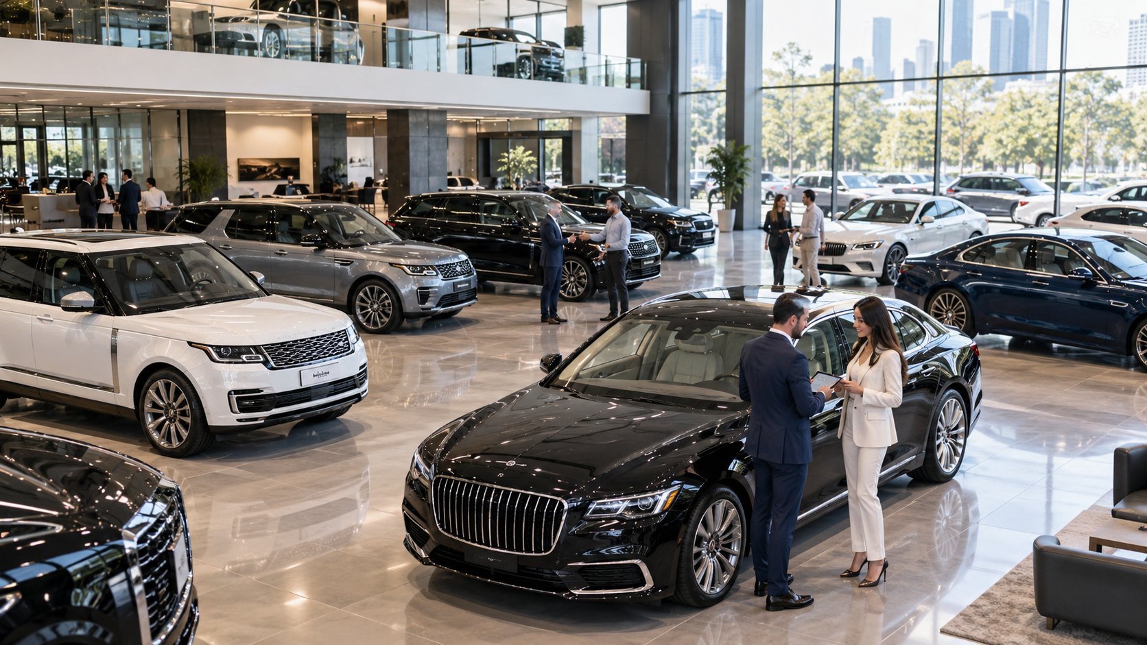 A man and woman beside a black limousine in a large showroom of saloons and SUVs