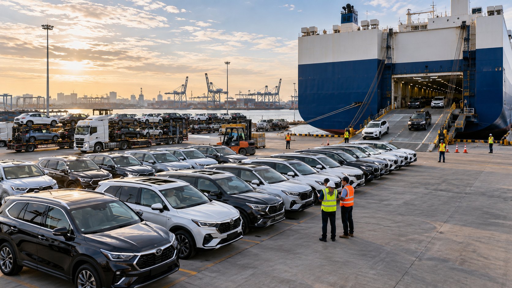 Two hi-vis workers stand among rows of new cars beside a car carrier at dusk