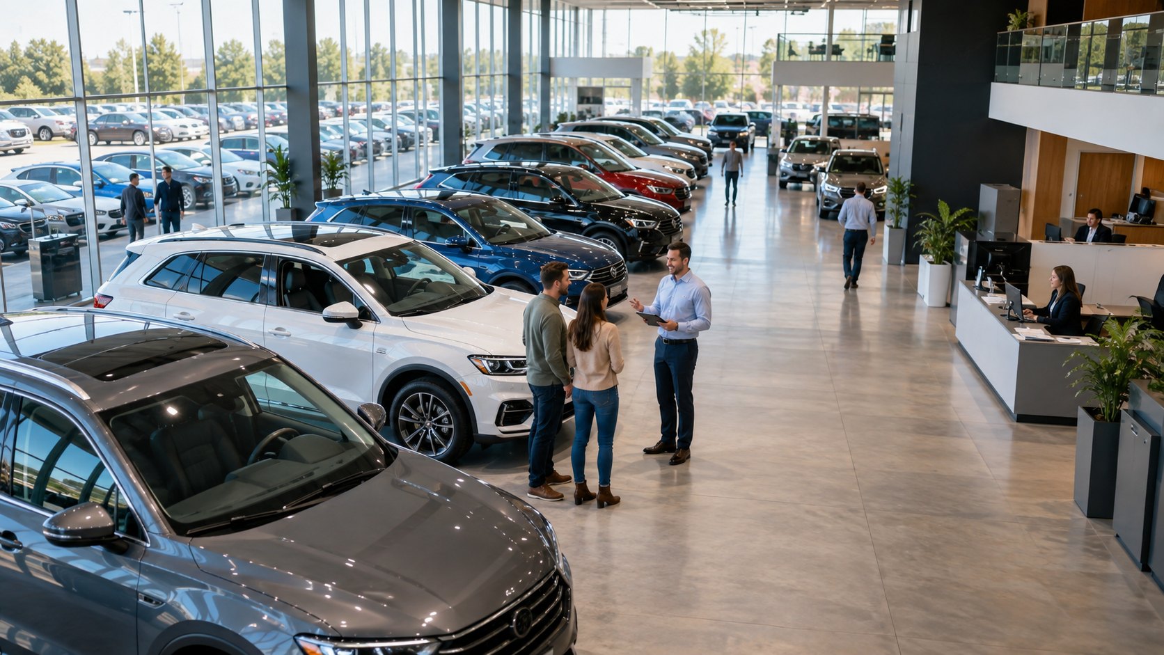 Long showroom aisle lined with cars, three people talking midway along it
