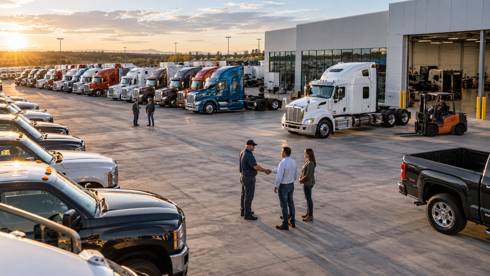 Three people talking in a truck yard of tractor units and pick-ups at sunset