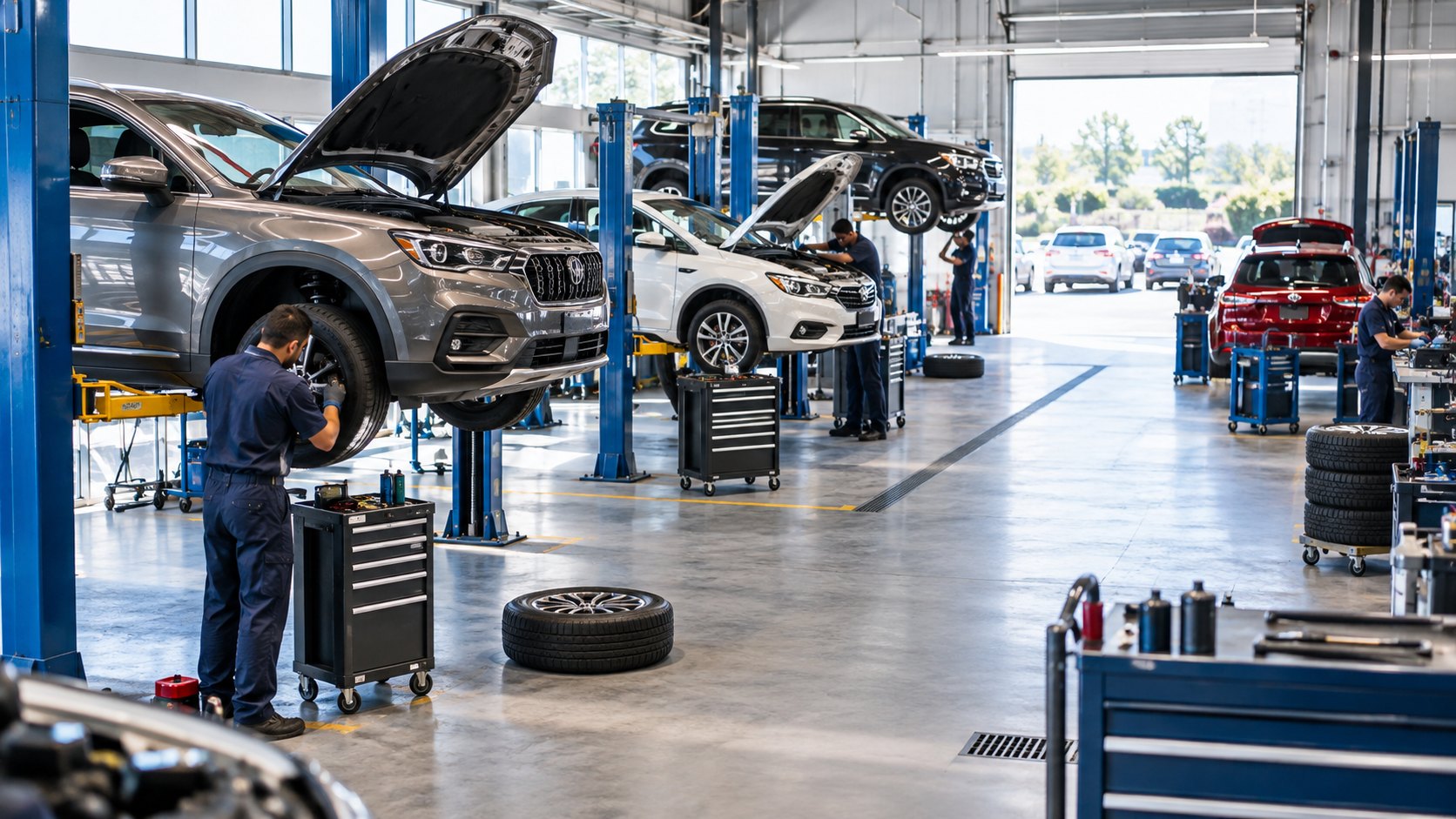Service bays with cars raised on lifts, bonnets open and a loose wheel on the floor