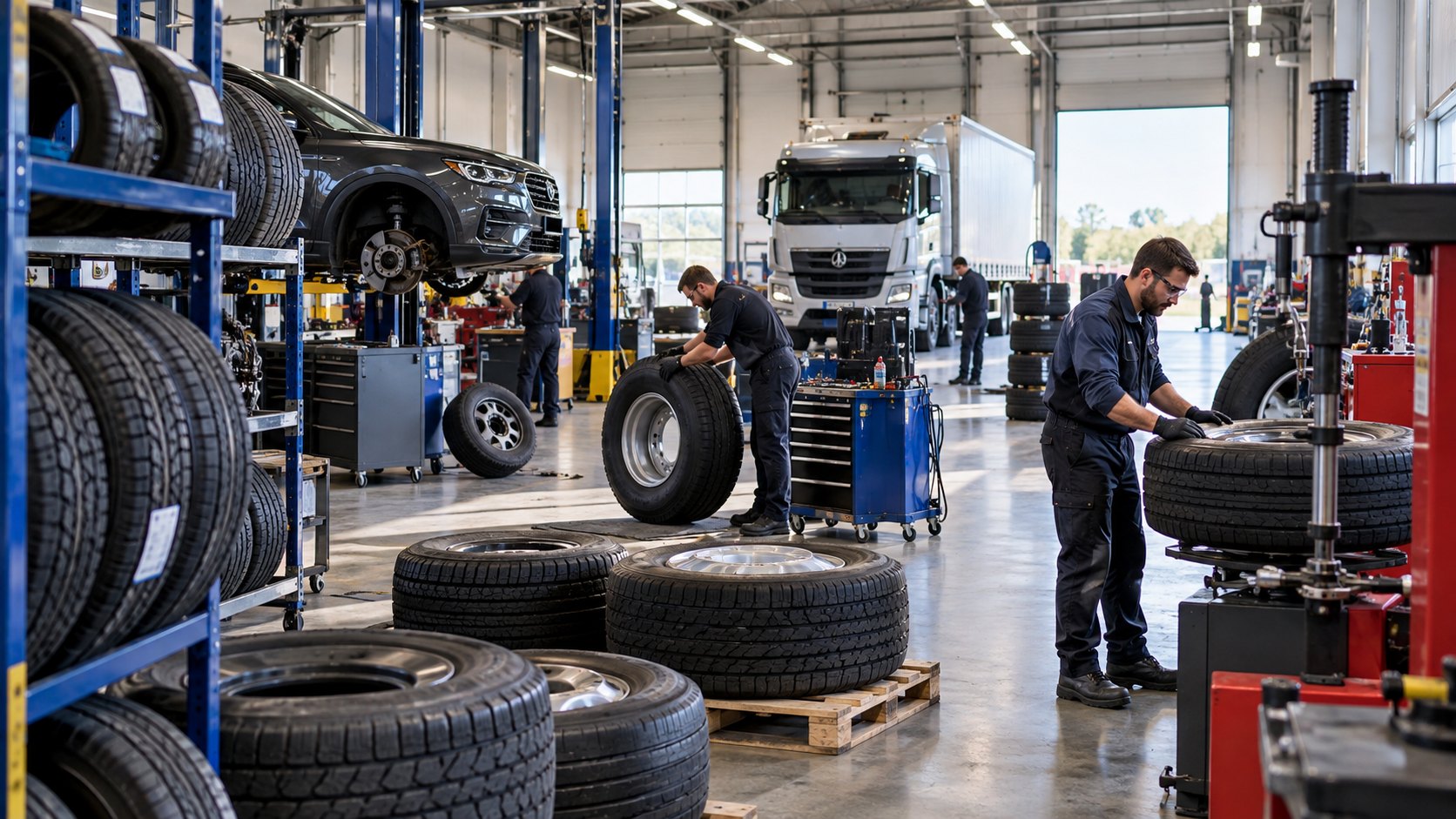 Men handling tyres beside racked stock, a lorry and a car on lifts behind