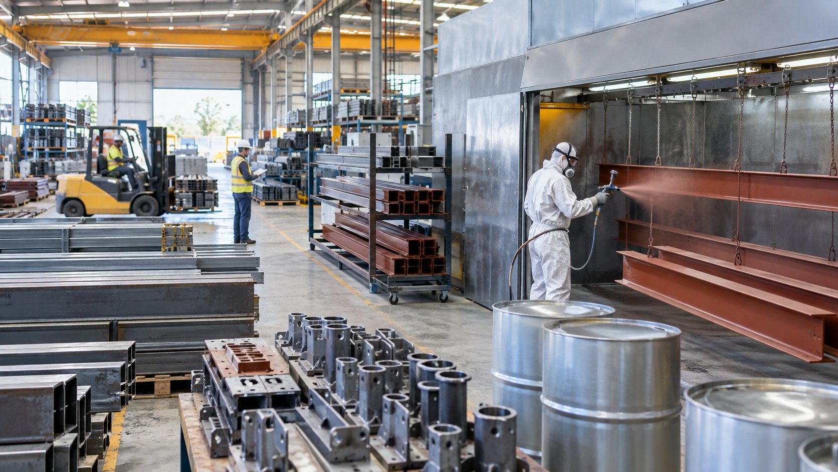 A worker in protective overalls sprays a steel beam in a coating booth beside stacked drums