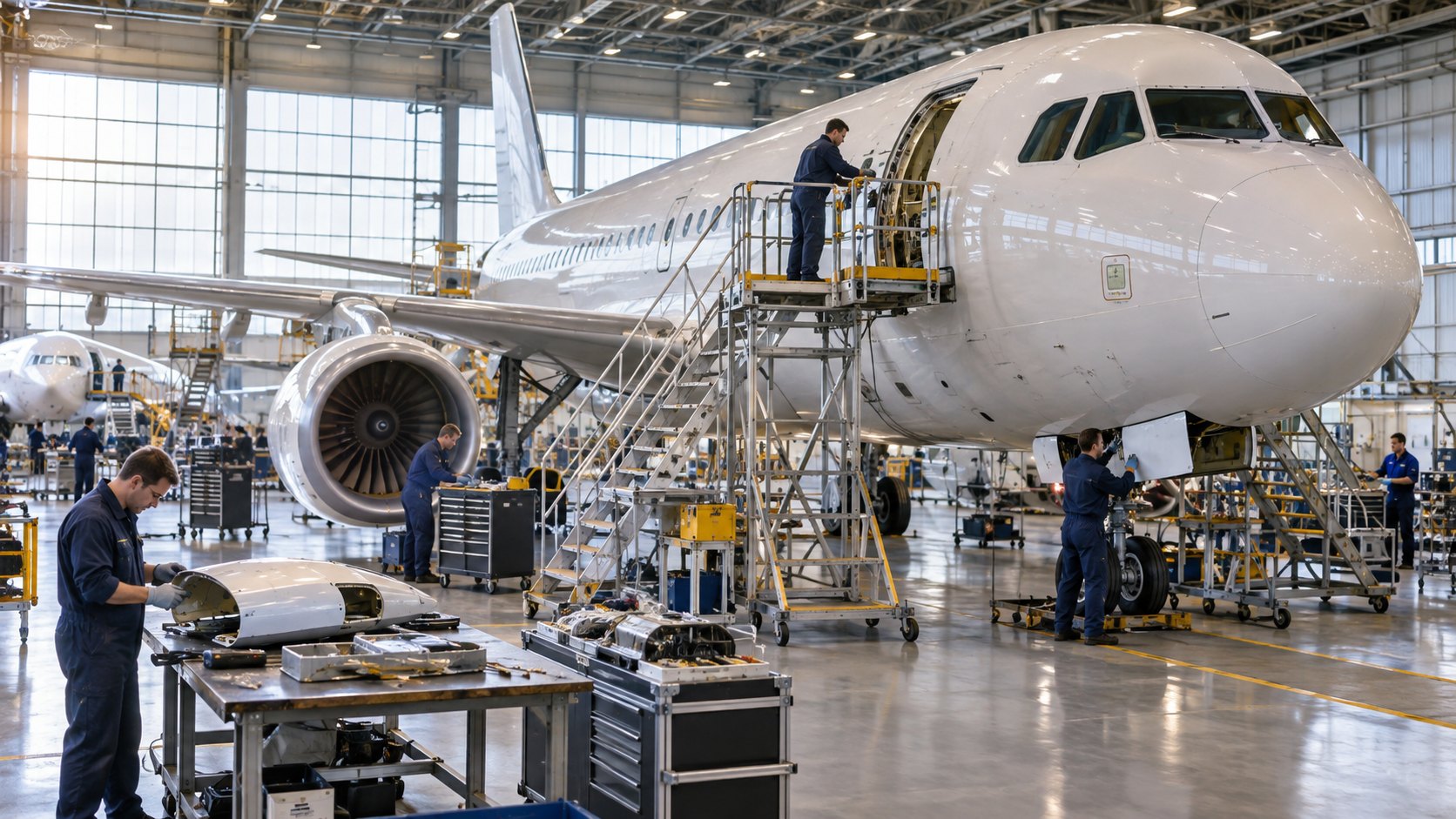 Technicians work around an airliner on platforms inside a hangar, engine cowling open
