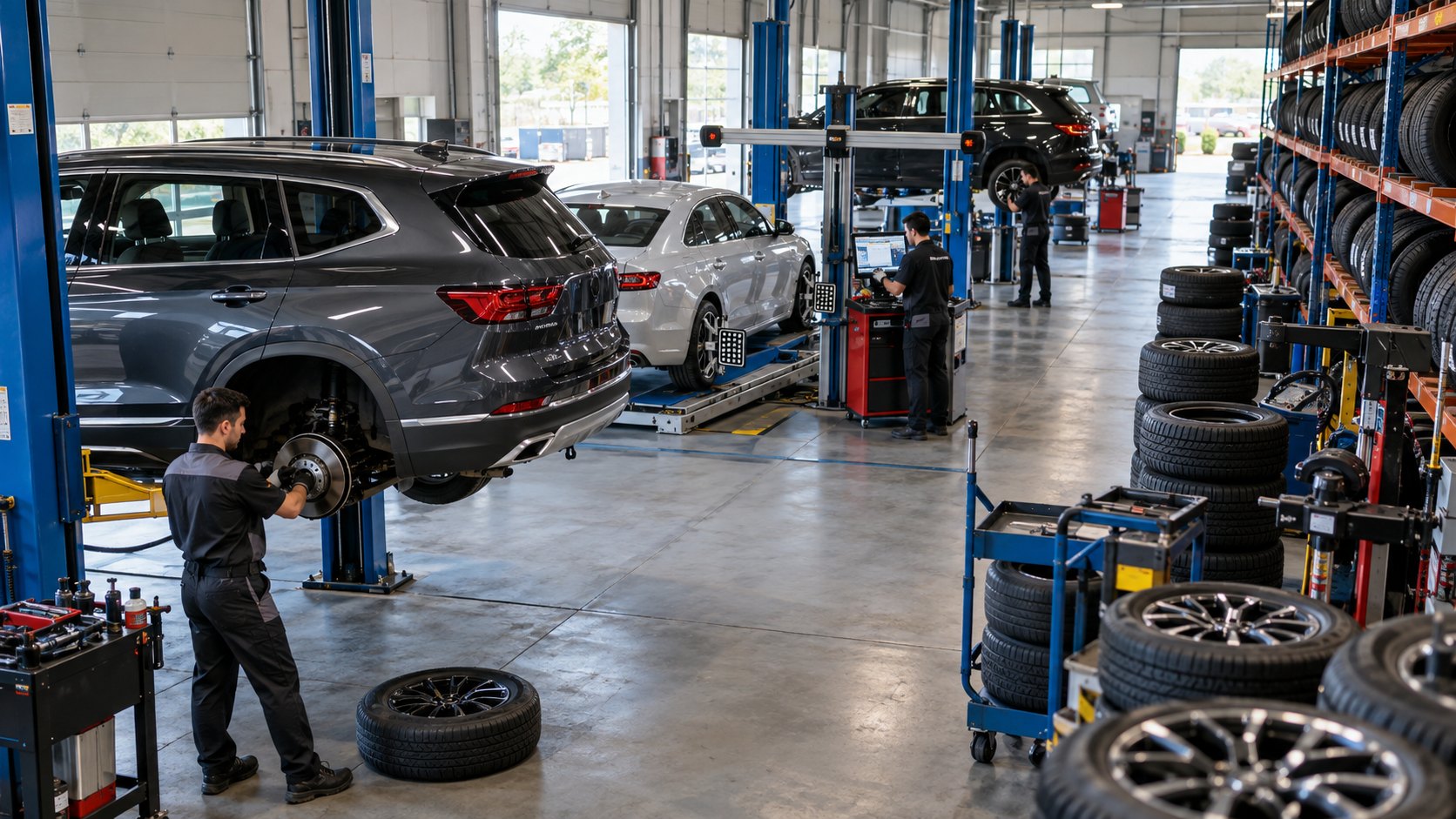 Cars raised on lifts with wheels removed, tyre racks lining the workshop wall