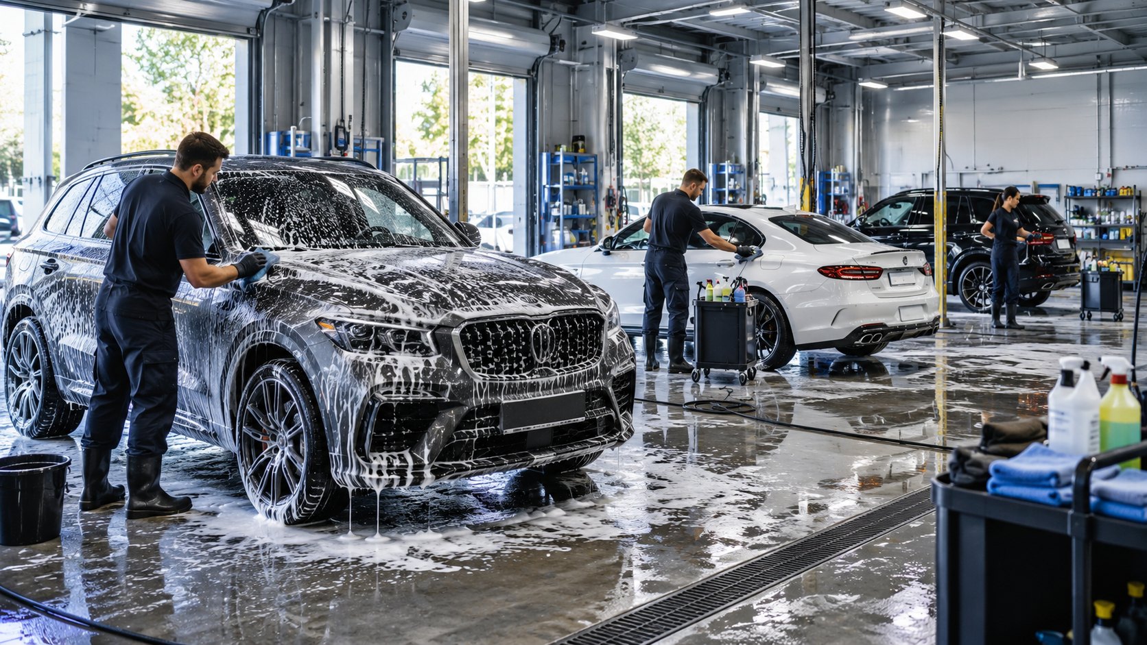 Two men wash foam-covered cars in a wash bay with bottles in the foreground