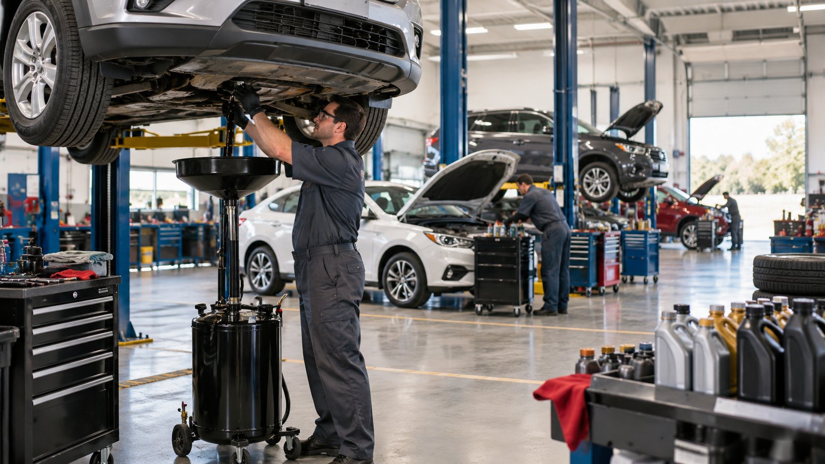 A technician works beneath a raised car with an oil drain trolley in a service bay