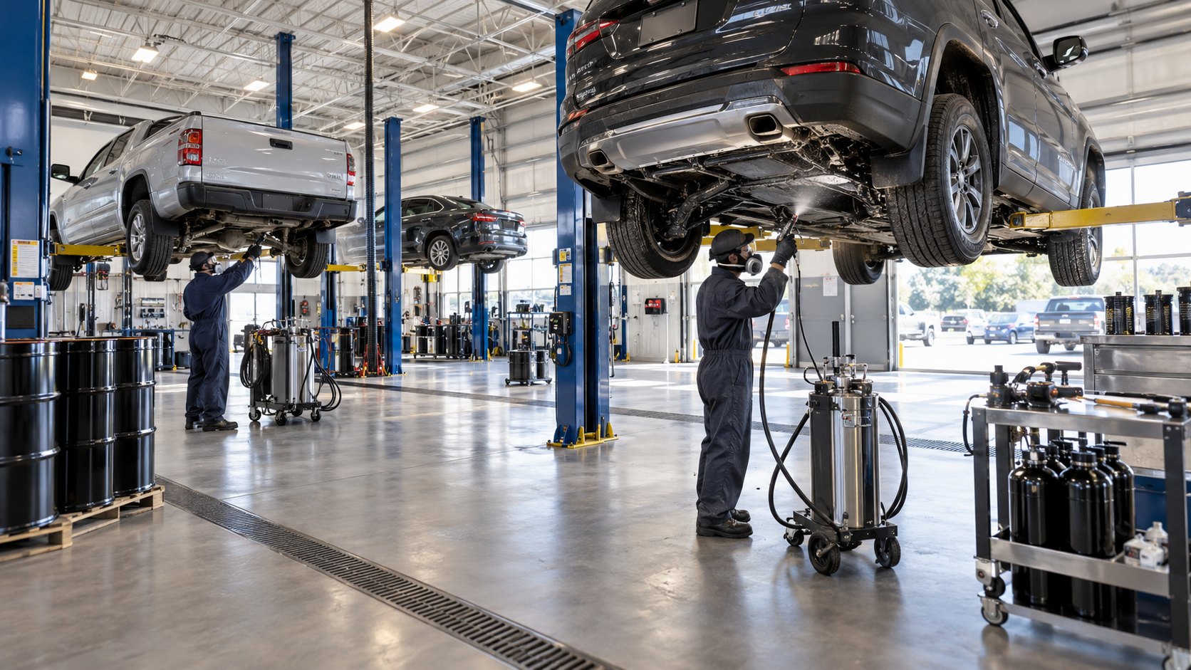 A worker with a pressurised spray canister stands under cars raised on two-post lifts