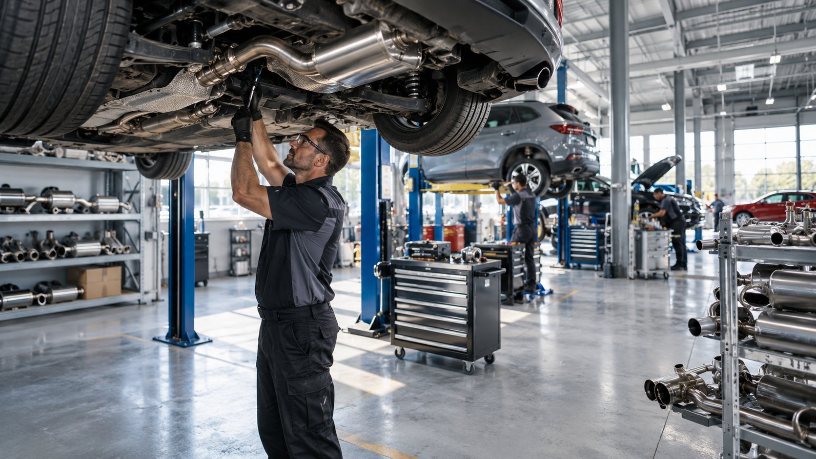 A man works at an exhaust beneath a raised car, spare silencers racked nearby