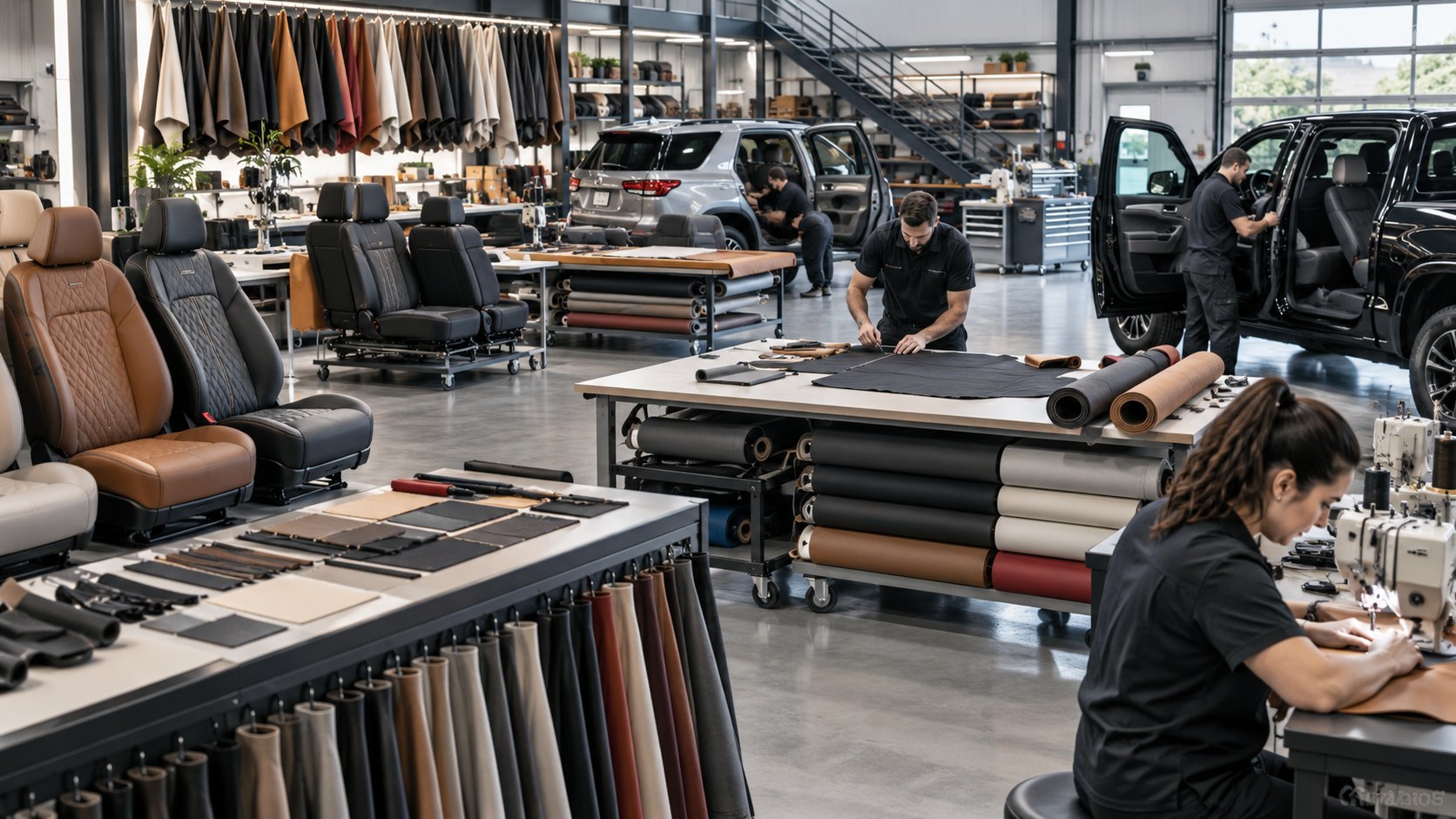 Trim workshop with leather sample racks, fabric rolls and staff cutting upholstery