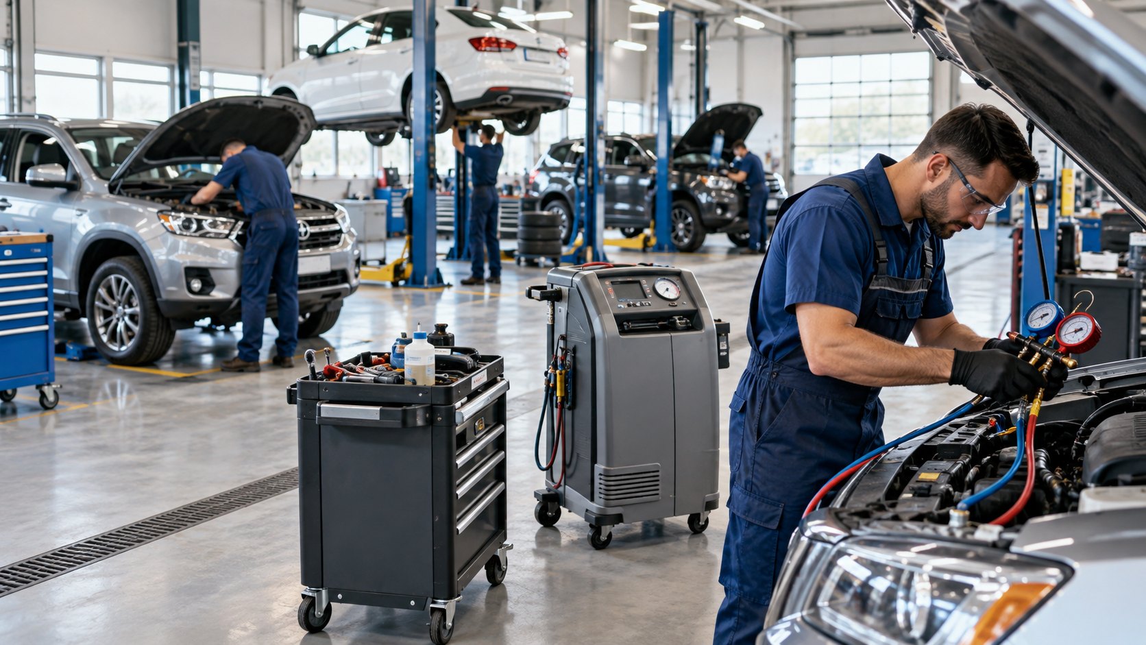Workshop bay with cars raised on lifts and a man beside a refrigerant trolley