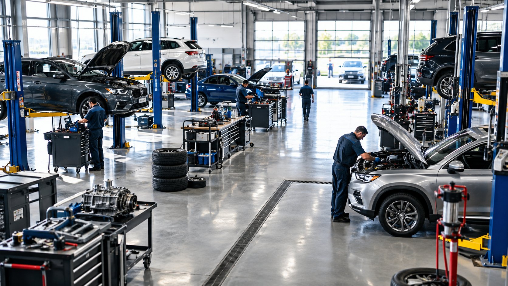 Wide service hall with four cars on ramps and mechanics working under bonnets