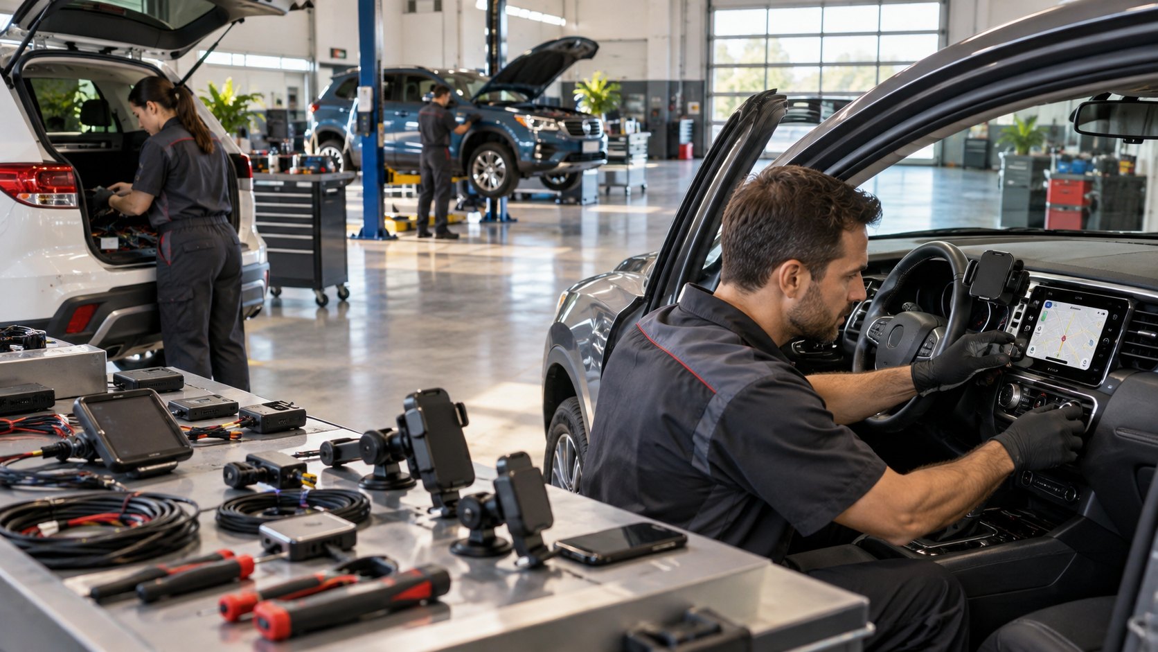 Bench of phone mounts and cables beside a man working at a car dashboard
