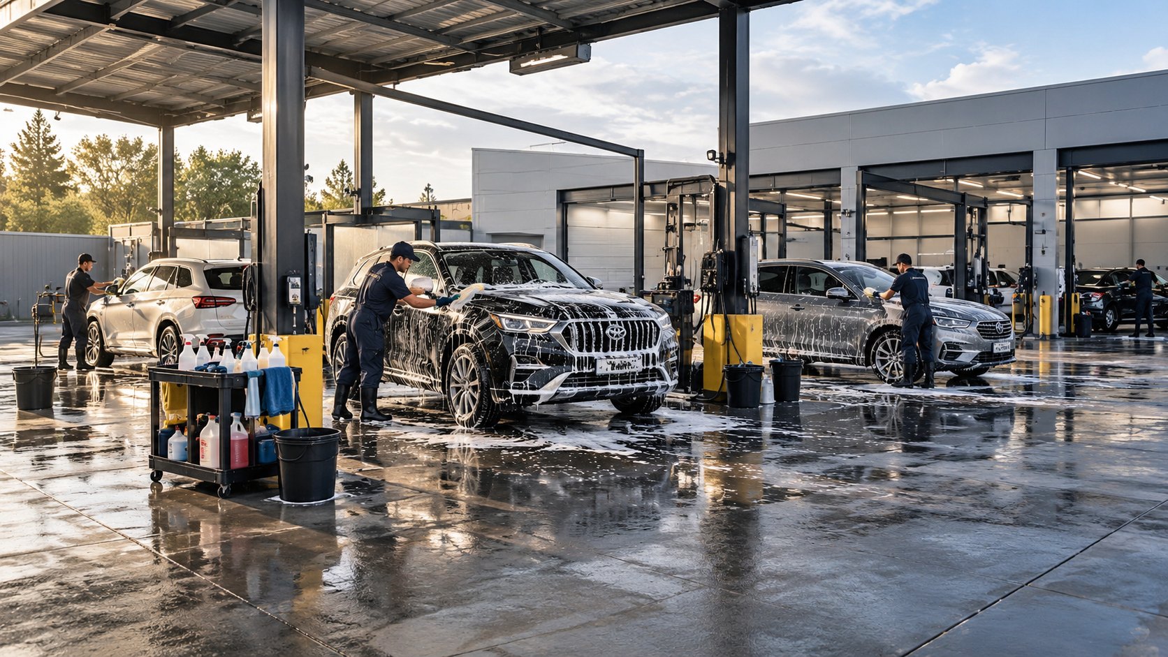 Open wash bays with three foam-covered cars, buckets and a wet forecourt