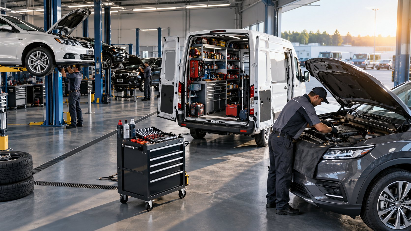 Service van with shelved tools parked indoors while a man leans into a bonnet