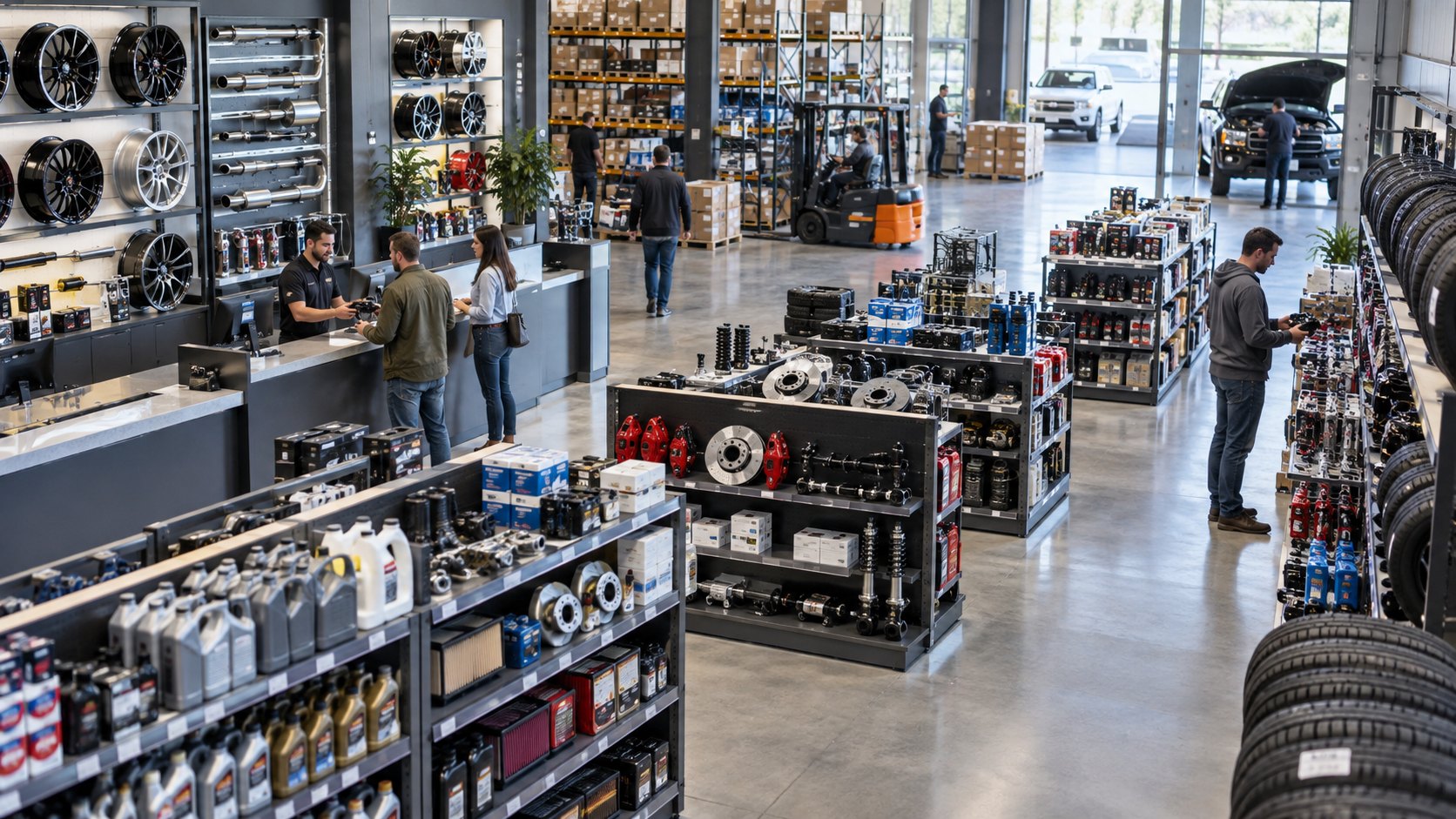 Parts shop floor with alloy wheels, tyre racks, oil shelves and browsing customers
