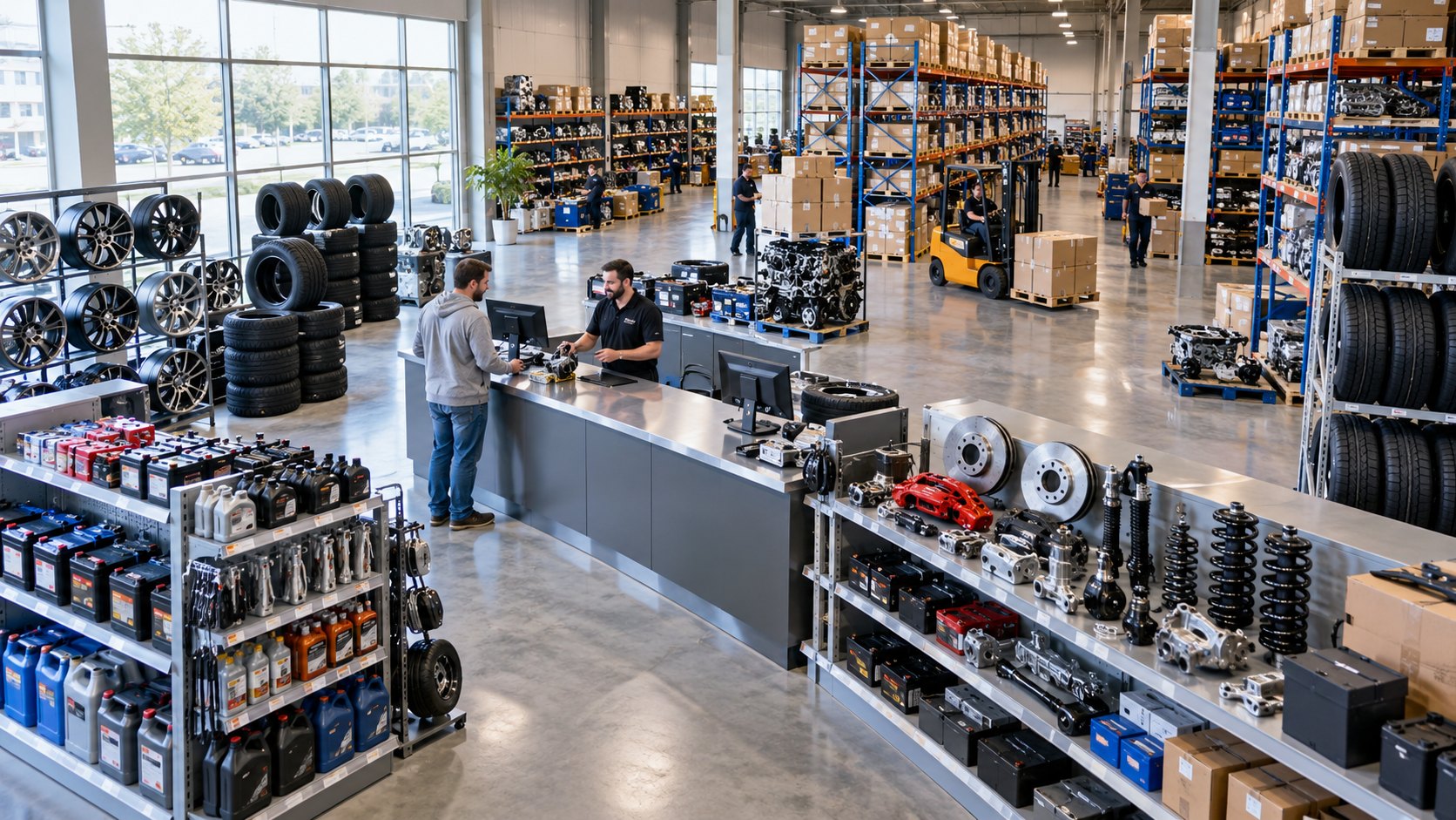Parts store seen from above, tyre stacks, shelved components and a trade counter
