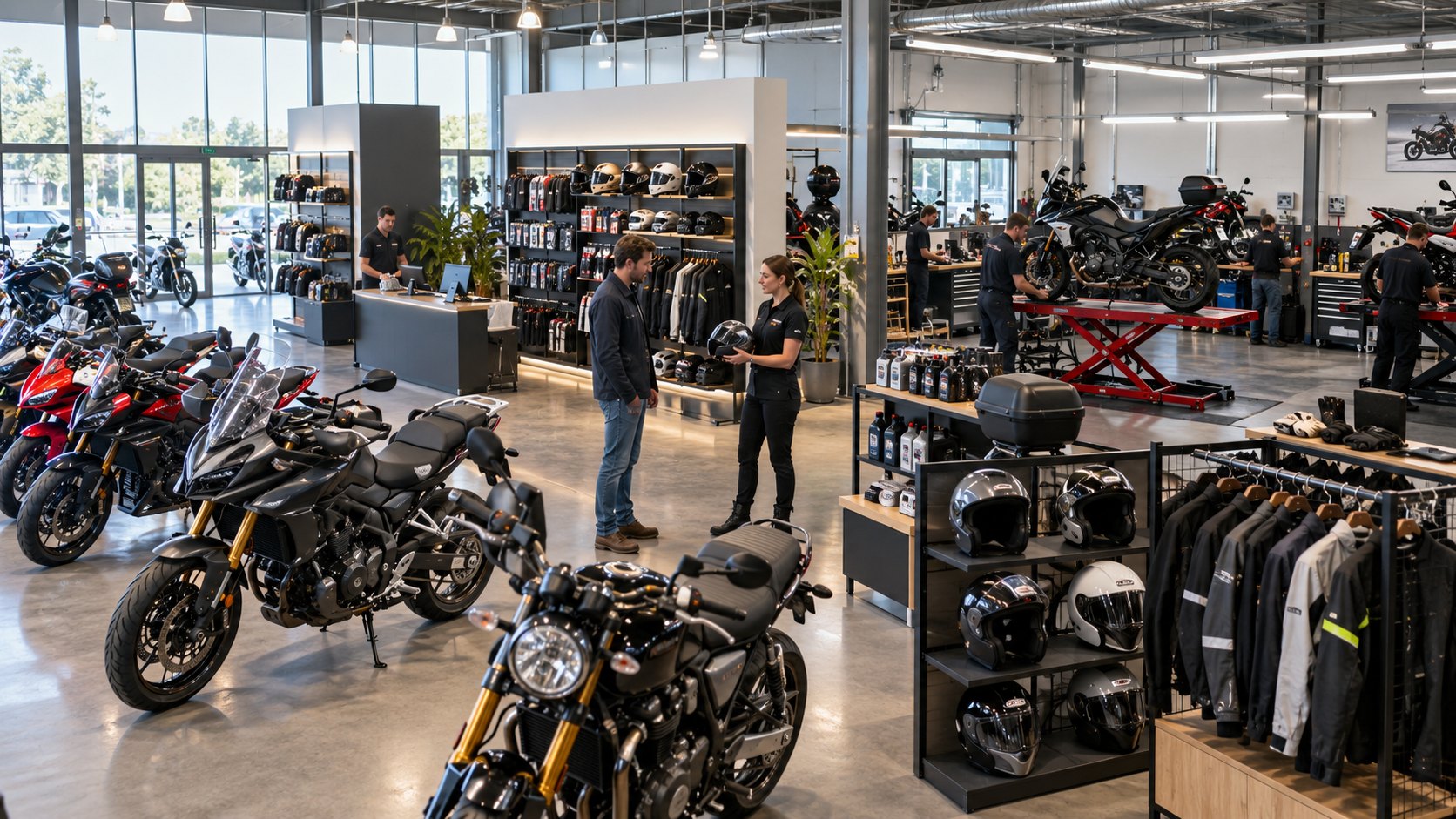 Motorcycle showroom with bikes in rows, helmet displays and jackets on rails