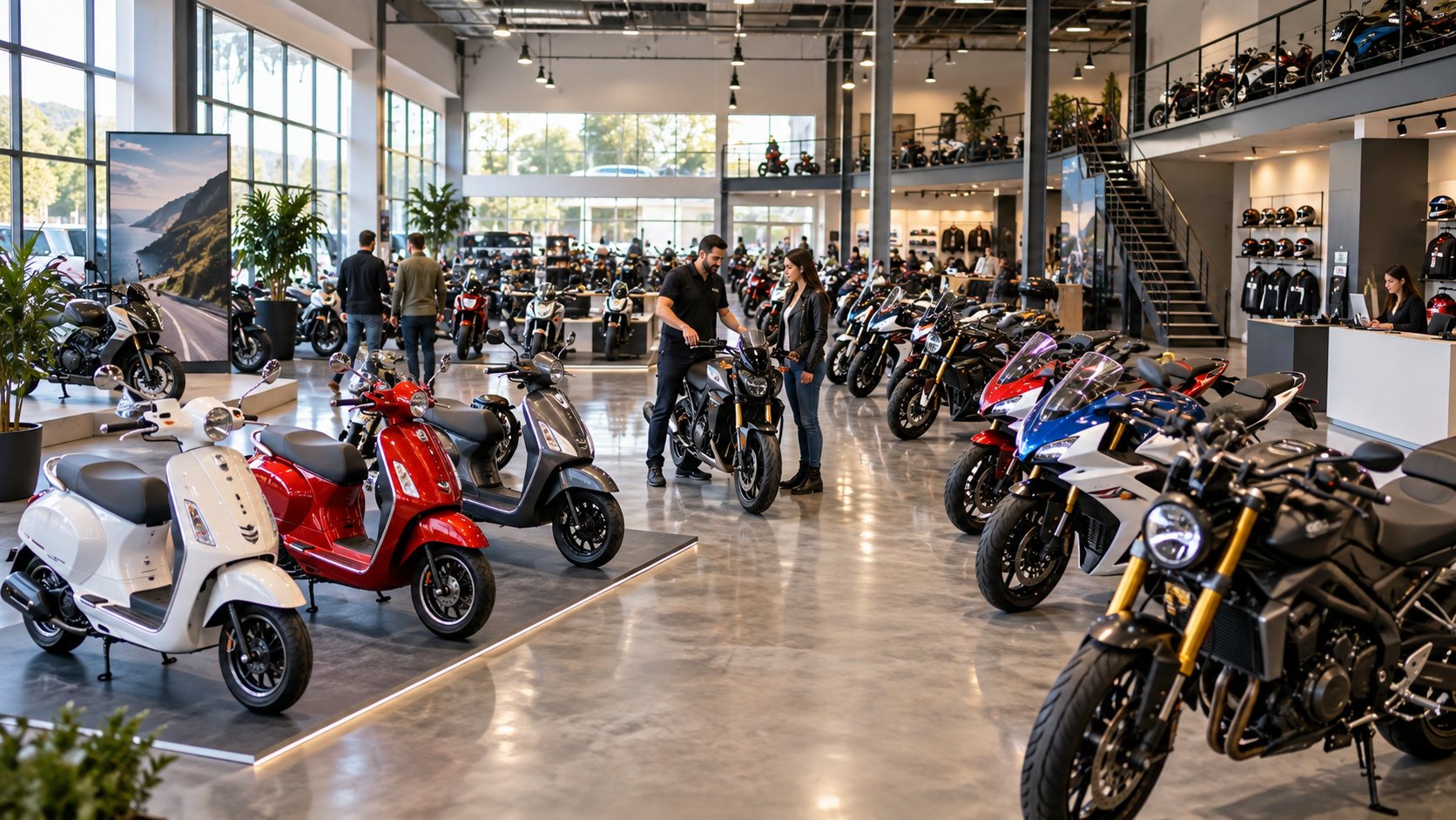 Showroom floor of scooters and motorcycles with customers walking between the rows