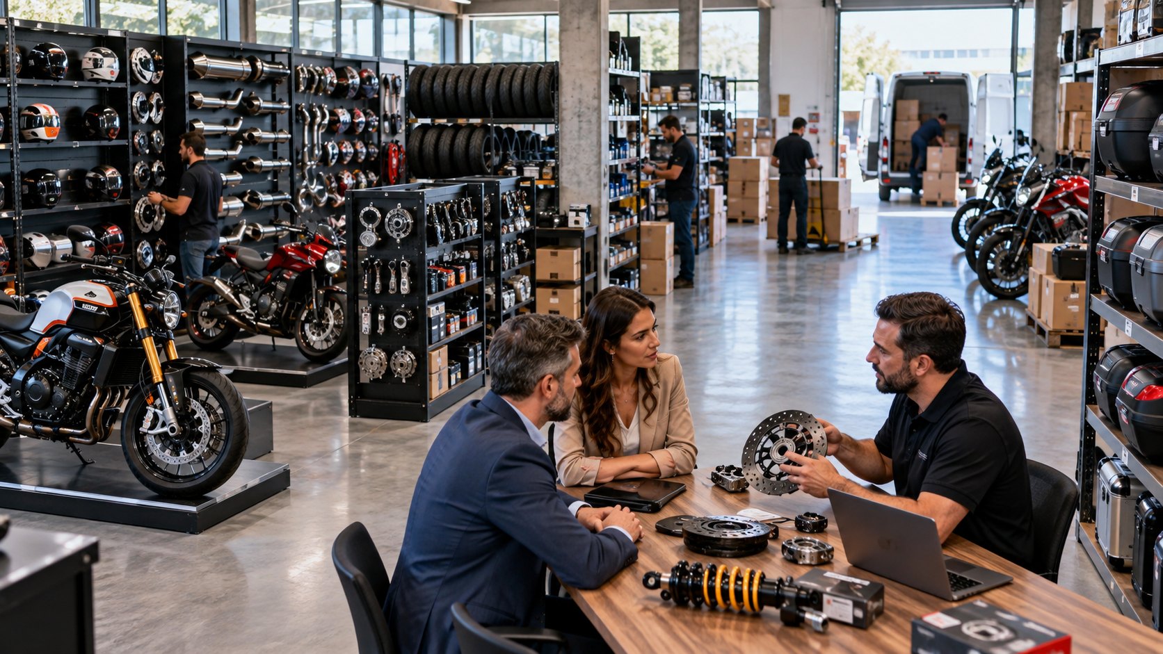 Three people talking over motorcycle parts at a table in an accessories shop
