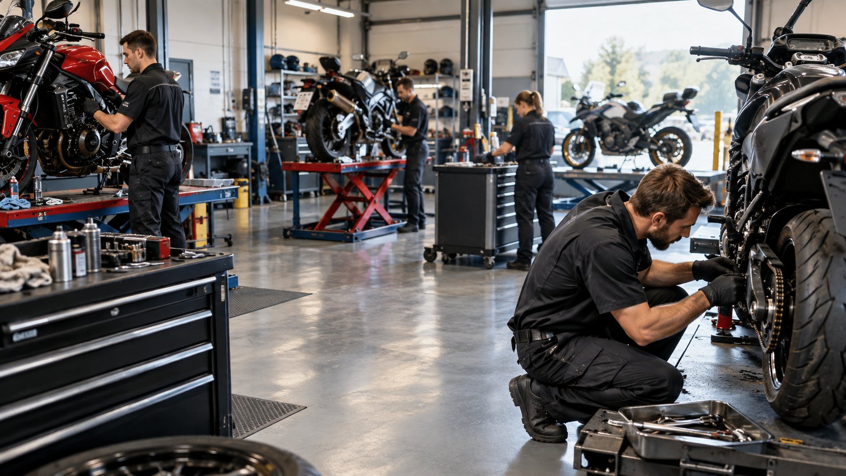 Motorcycle workshop with bikes on stands and three mechanics working at separate benches