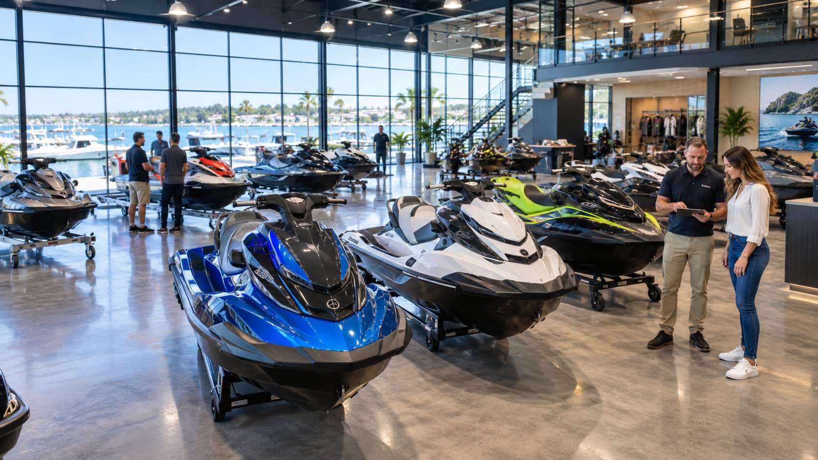 Rows of jet skis on trailers in a glazed showroom overlooking a harbour