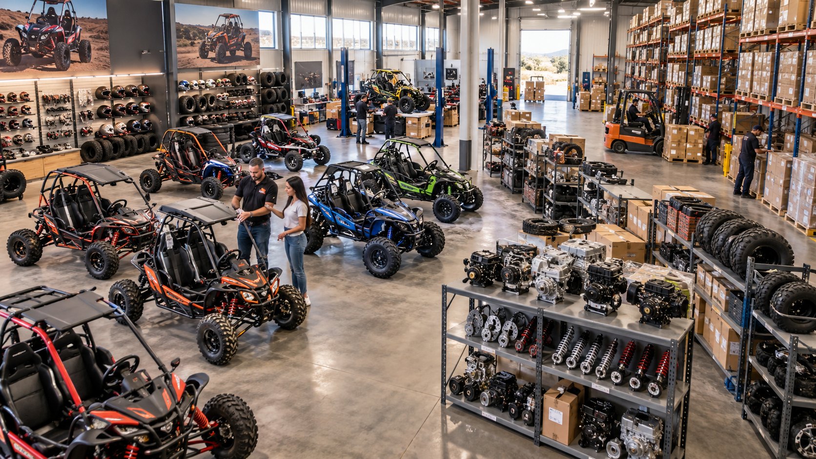 Showroom of buggies and karts with shelves of suspension parts and stacked tyres