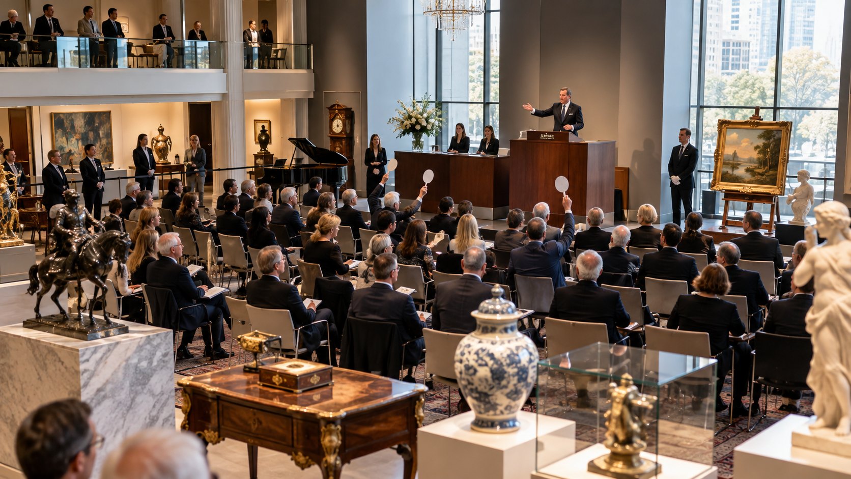Seated bidders in a saleroom facing a rostrum, a painting held on an easel