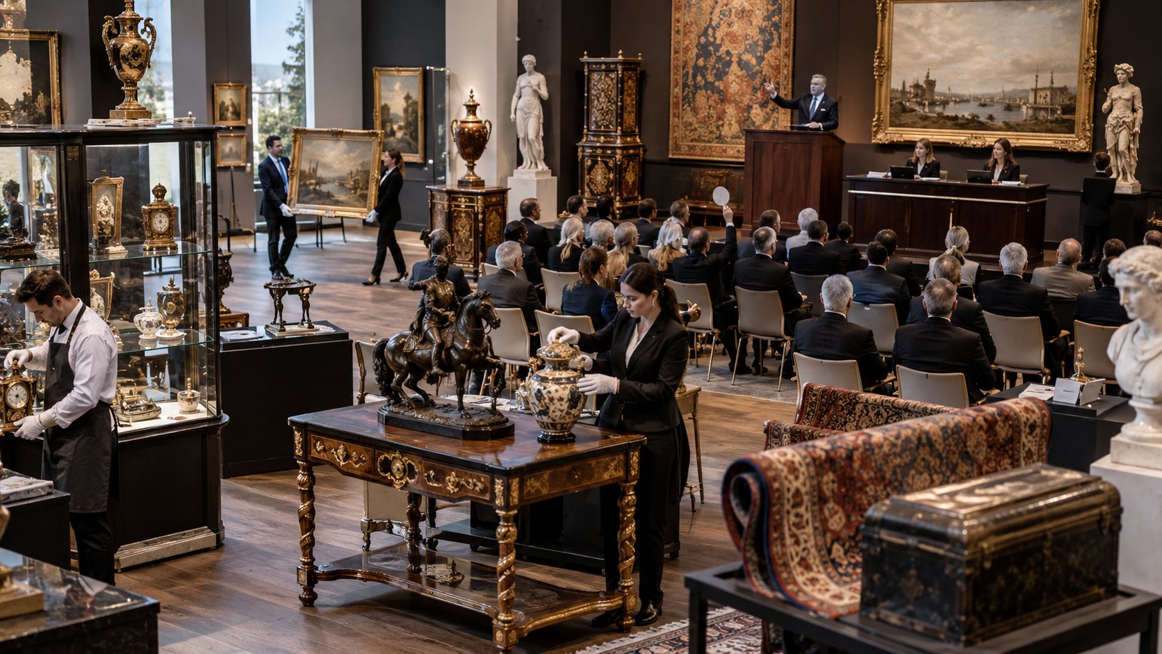 Saleroom crowded with antique furniture, bronzes and paintings as bidding goes on