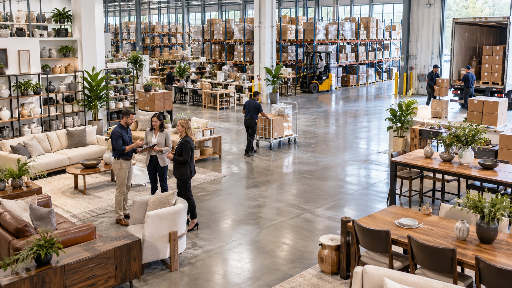 Homeware showroom floor with sofas, dining tables and staff talking among the displays