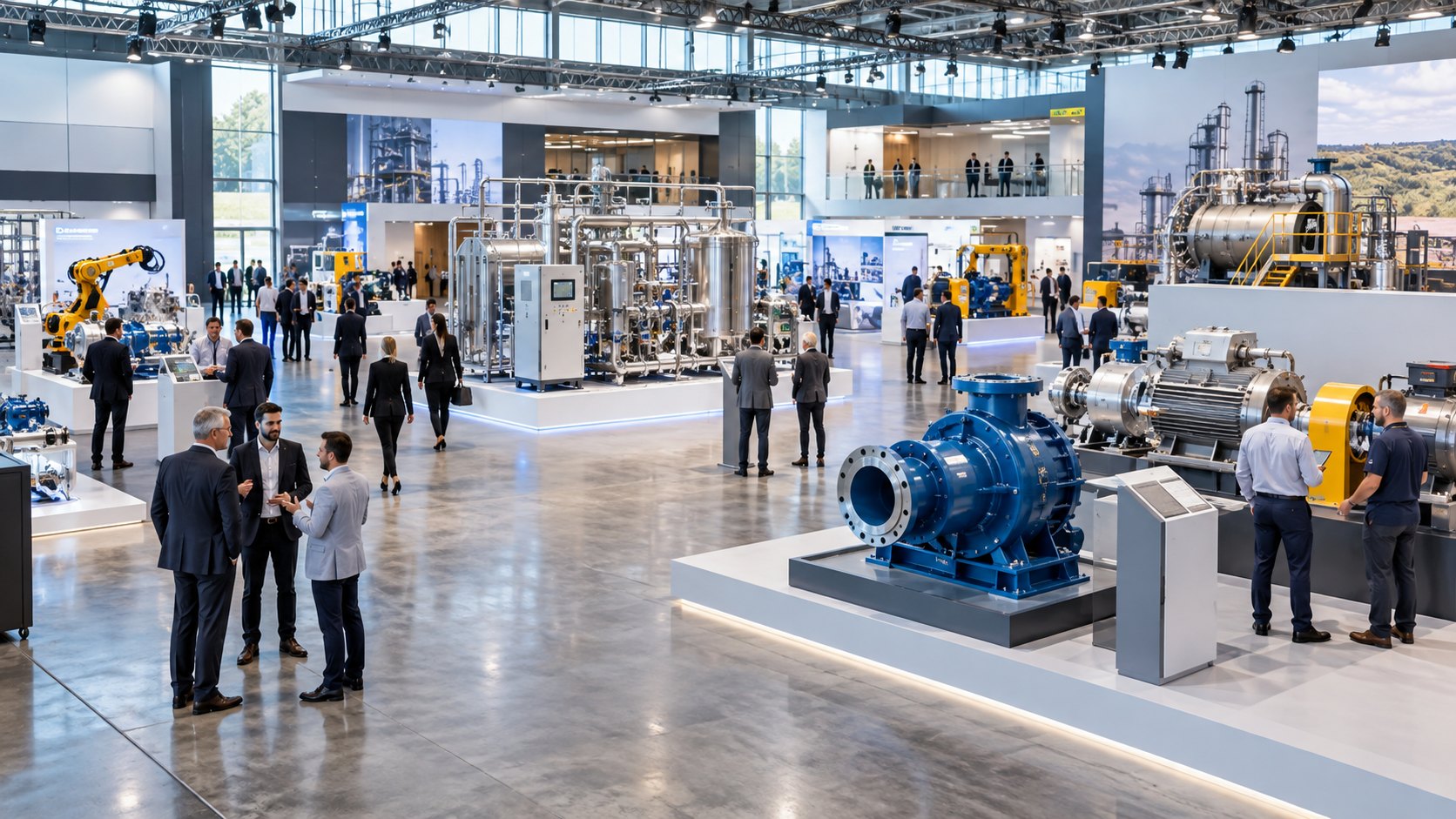 Exhibition hall with pumps and machinery on plinths and visitors walking between them