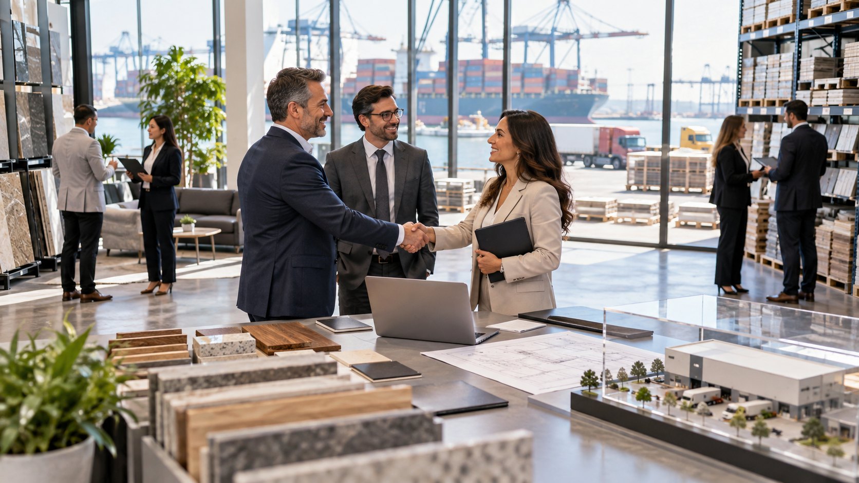 A man and woman shake hands in a materials showroom overlooking a container port