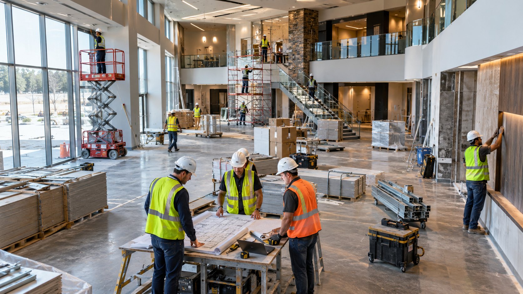 Workers in hi-vis vests gather over drawings in a double-height lobby under construction
