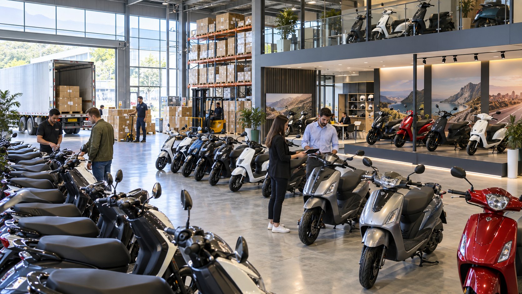 Two long rows of scooters fill a showroom floor, with staff talking between them